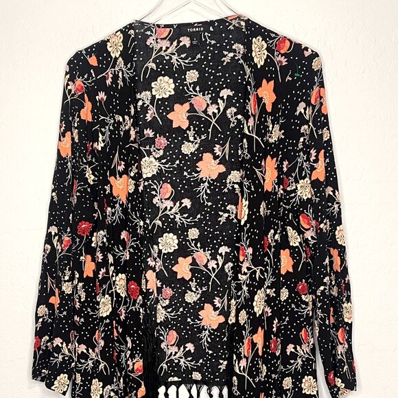 Torrid Multi Color Floral Fringe Open Front Long Sleeve Duster Kimono 1 1X 14/16 - Picture 4 of 9